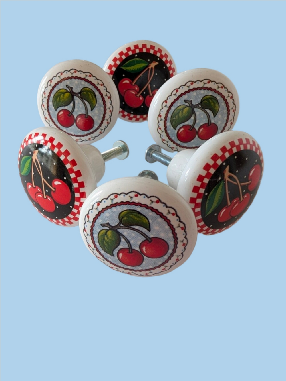 Vintage Mary Engelbreit Cherry Print Drawer Knobs - White and Red